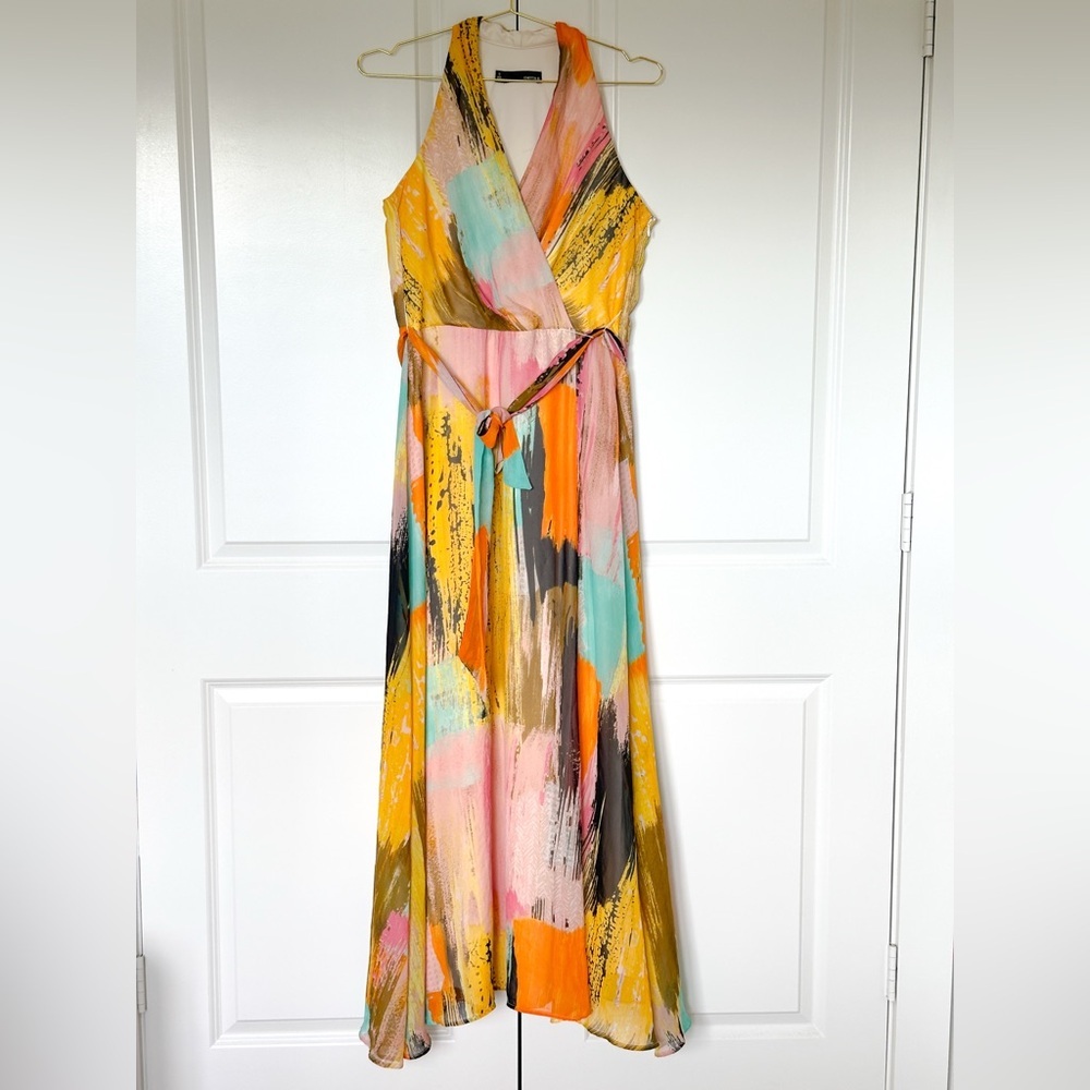 Chetta B Halter Tie Front Maxi Dress in Pink and Orange - Picture 6 of 15